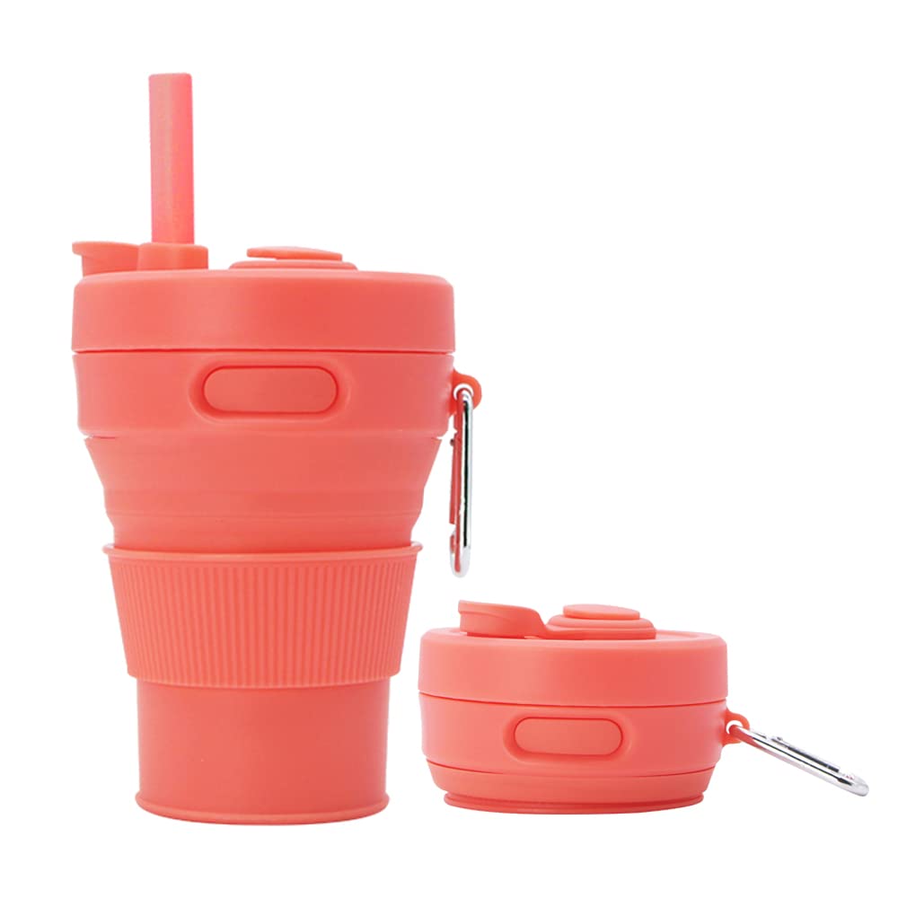 Silicone Coffee Mug Collapsible Cups for Camping Folding Travel with Straw Reusable Portable Drinking Cups Outdoor Hiking 450ml (Purple-450ml, 1)