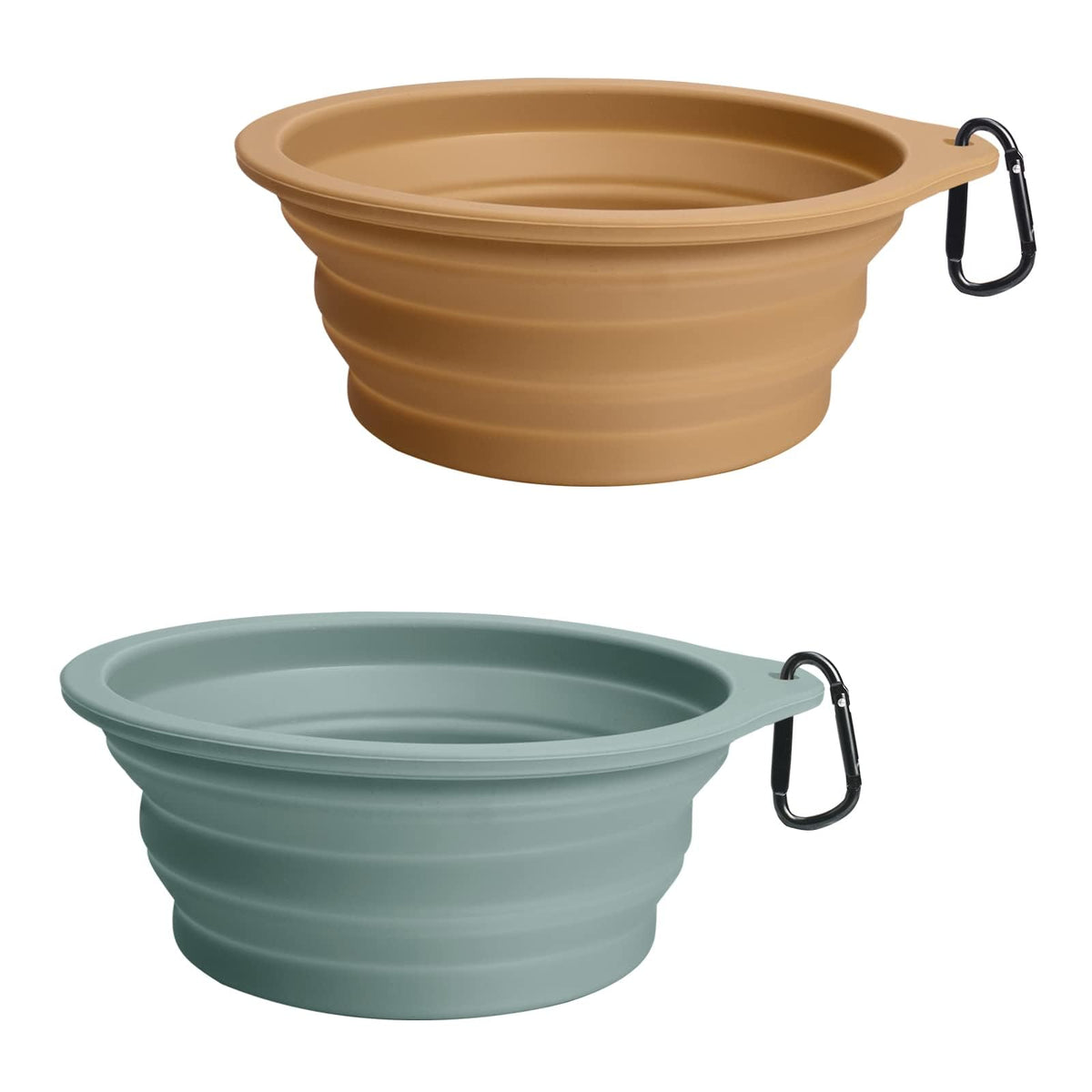 PetBonus 2-Pack Silicone Collapsible Dog Bowls, BPA Free Dishwasher Safe, Portable Foldable Expandable Travel Bowl, Food Water Feeding Cup Dish for Dogs Cats with 2 Carabiners (Army Green, Navy Blue)