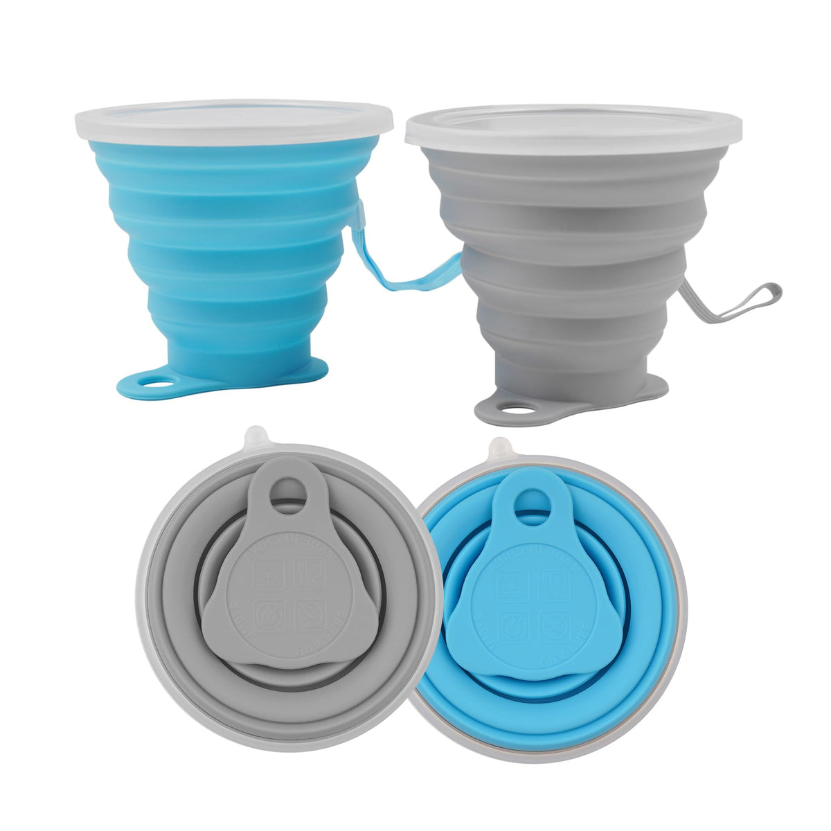 2 Pack Collapsible Silicone Travel Cups with Lids Portable Folding Camping Cups (Grey & Blue)