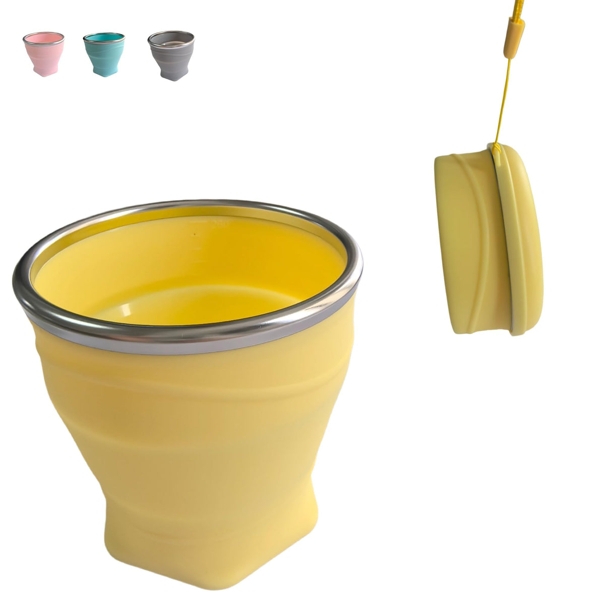 Collapsible Cup, 8.8oz 260ml Foldable Travel Mini Coffee Mug, BPA Free Silicone Water Cup and Lid with Stainless Steel Rim, Portable Pocket Cup for Outdoor, Hiking, Camping & Kids (Gray)