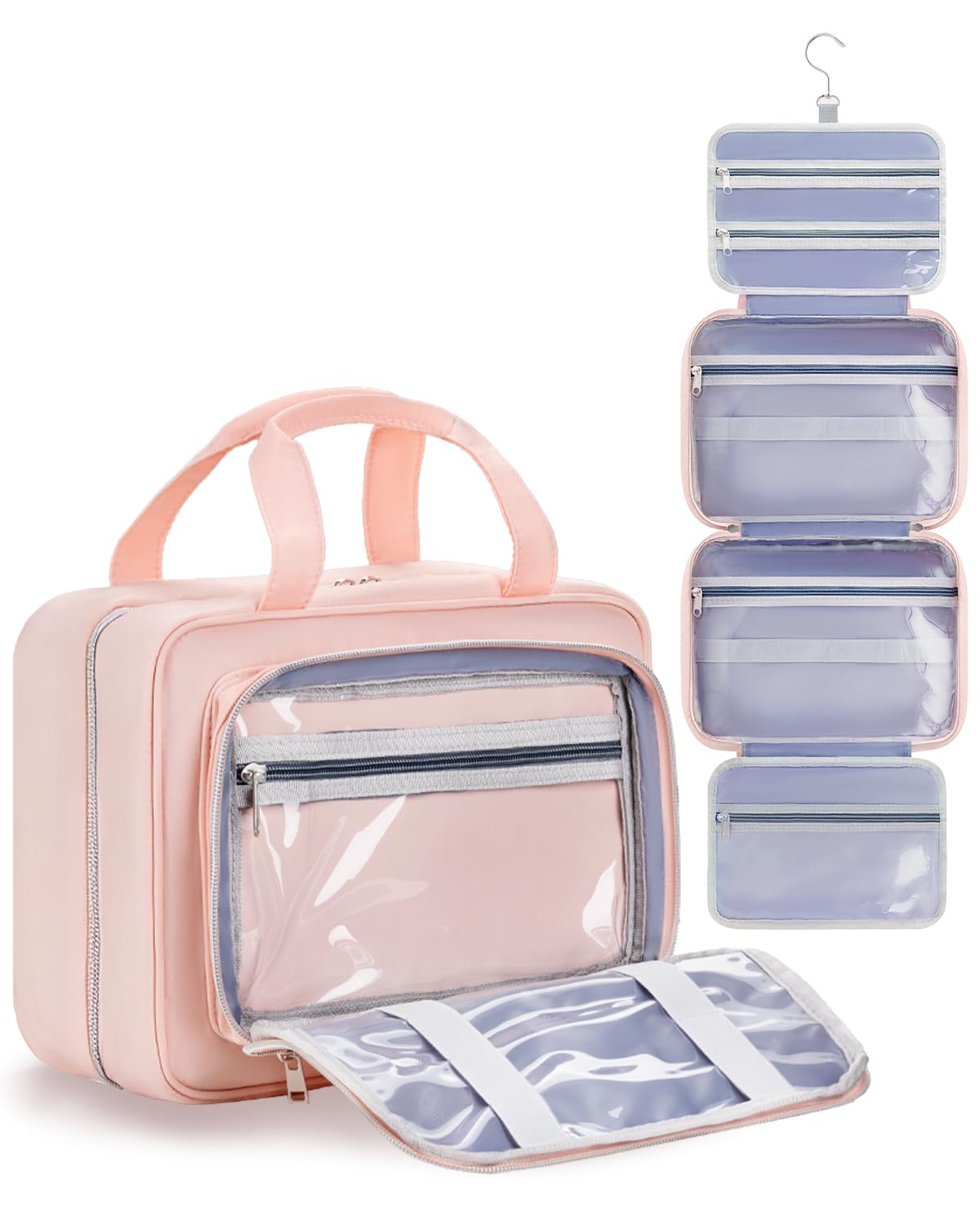 Travel Hanging Toiletry Bag for Women - Waterproof Cosmetic Organizer with Clear Window, Lightweight Bathroom Bags for Essentials, Makeup, Shampoo, Toiletries Pink, Medium