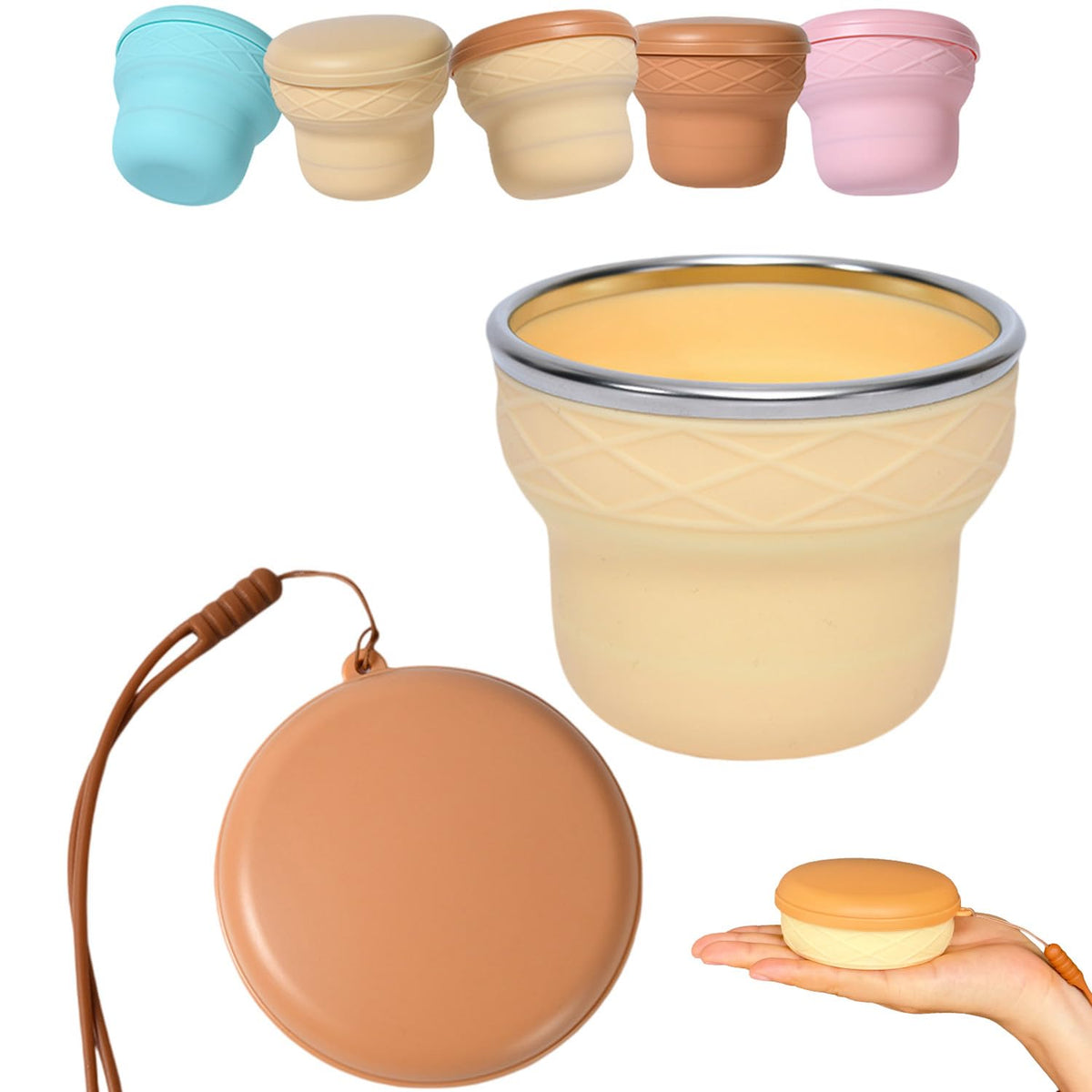 Collapsible Travel Cup 7oz Silicone Foldable Water Cup, Cute Ice Cream Cone Shape, Macaron Colors, BPA-Free with Lid - Portable Drinking Cup for Camping, Hiking & Outdoor Travel (Blue)