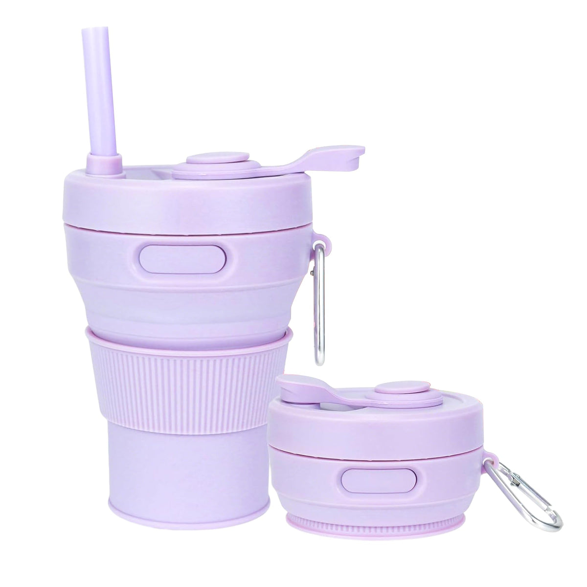 Silicone Collapsible Travel Mug Purple 15oz / 450ml - Leak-Proof Reusable Silicone Water Bottle for Hot and Cold Beverages - Travel Office and Home - Dishwasher Safe - Straw Included