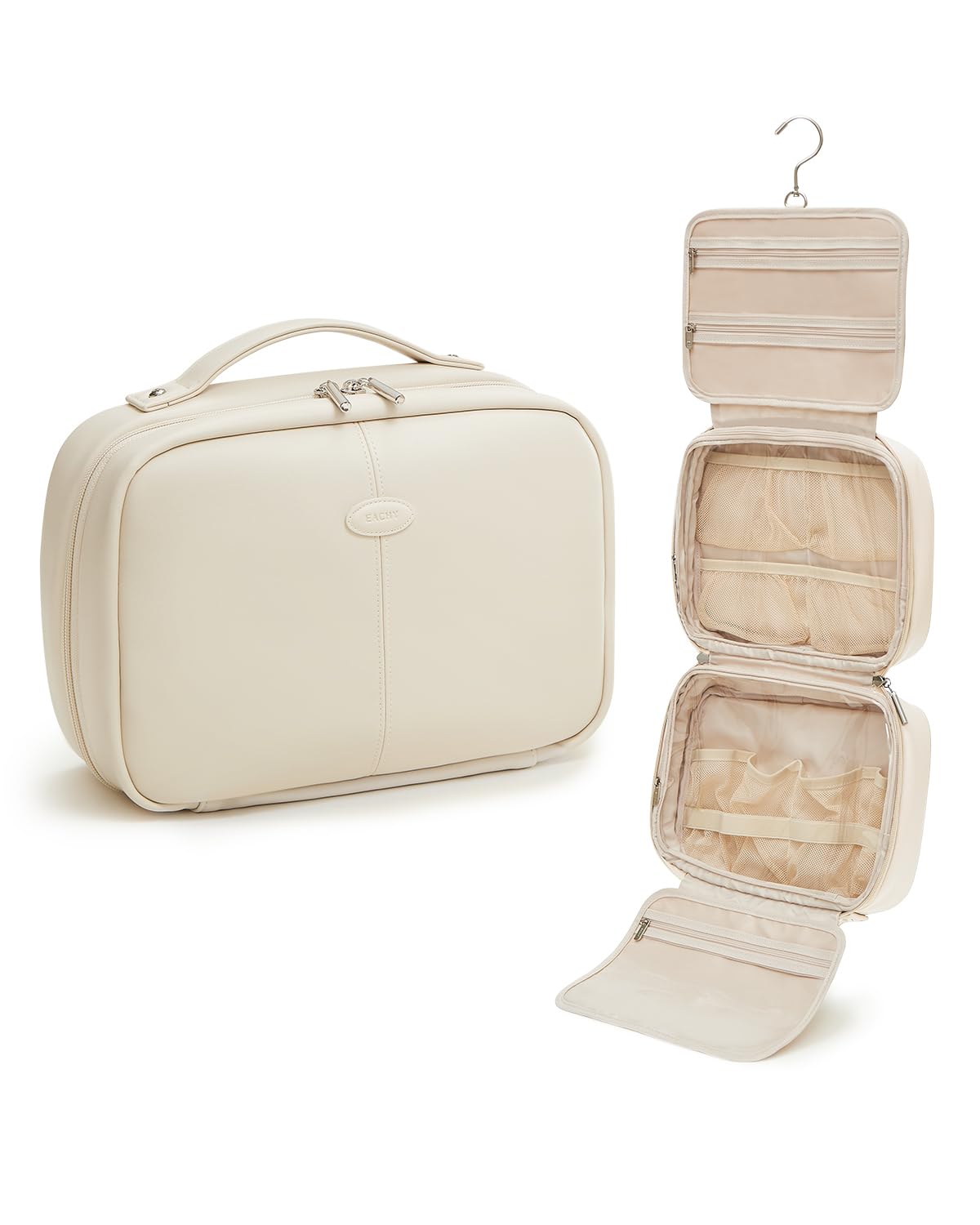 EACHY Toiletry Bag with Hanging Hook, Travel Makeup Bag PU Leather Cosmetic Bags for Women Make Up Organizer with 4 Compartments Waterproof Full-Size Portable Travel Essentials (Beige)