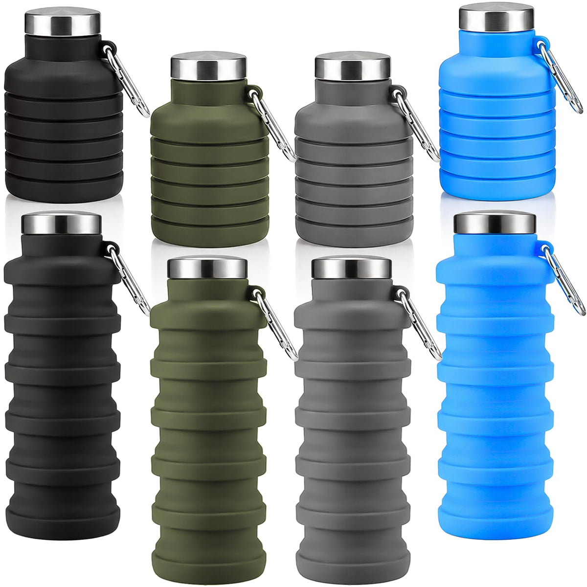 4 Pack Collapsible Water Bottles, 16oz Portable Reusable Silicone Water Bottle, Foldable Water Bottles for Travel Gym Camping Hiking, Leak Proof Sports Water Bottle with Carabiner (Bright Color)