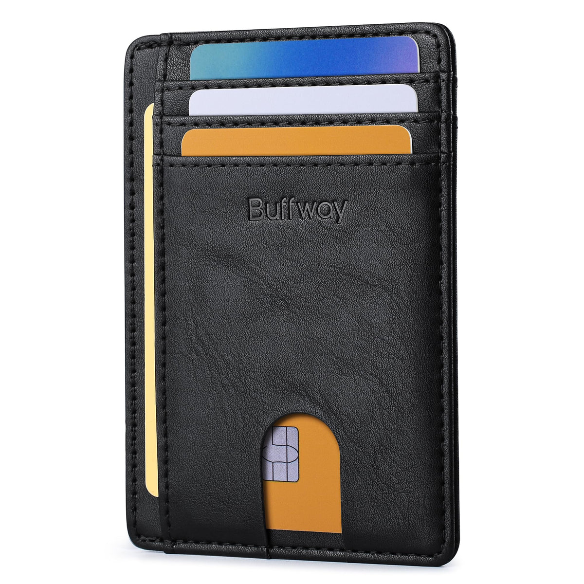 Buffway Slim Minimalist Front Pocket RFID Blocking Leather Wallets for Men and Women - Cross Black