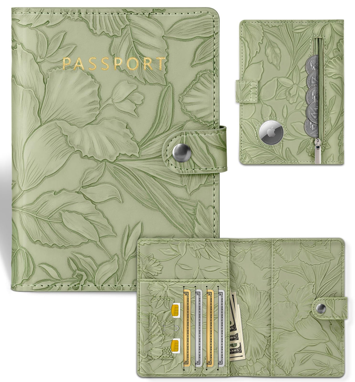 Slohif Elegant RFID Passport Holder for Travel with AirTag Sage Green