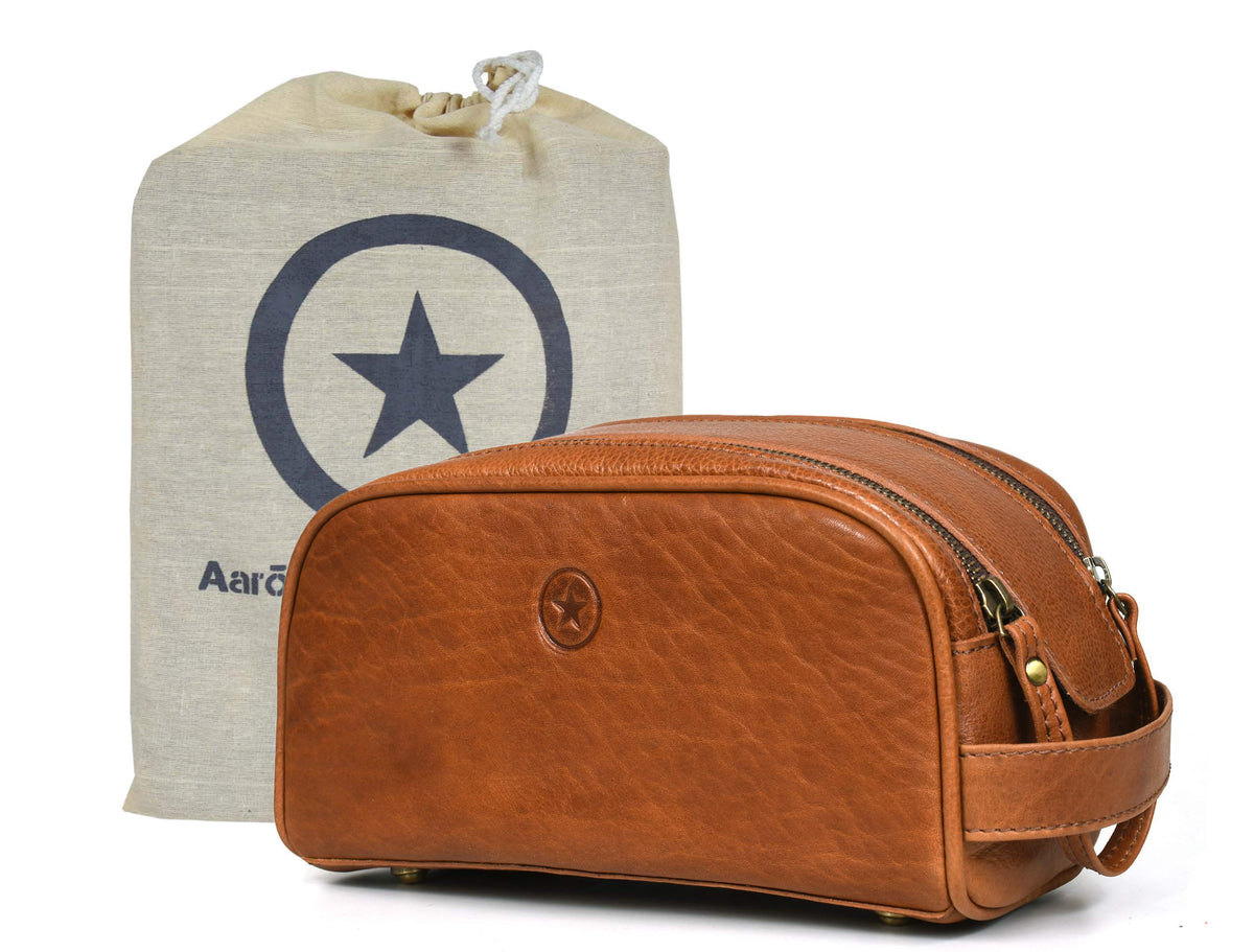 10" Premium Leather Toiletry Travel Pouch With Waterproof Lining | King-Size Handcrafted Vintage Dopp - Kit By Aaron Leather Goods (Dark Brown)