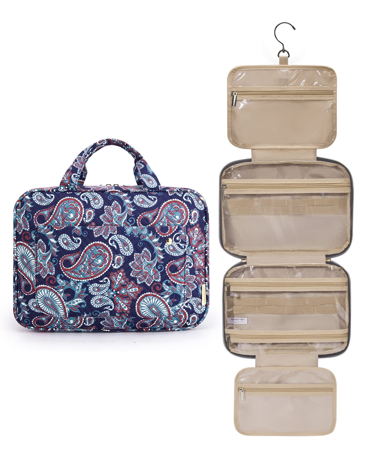 BAGSMART Toiletry Bag Travel Bag with Hanging Hook, Water-resistant Makeup Cosmetic Bag Travel Organizer for Accessories, Shampoo, Full-size Container, Toiletries (Baby Pink, Medium)
