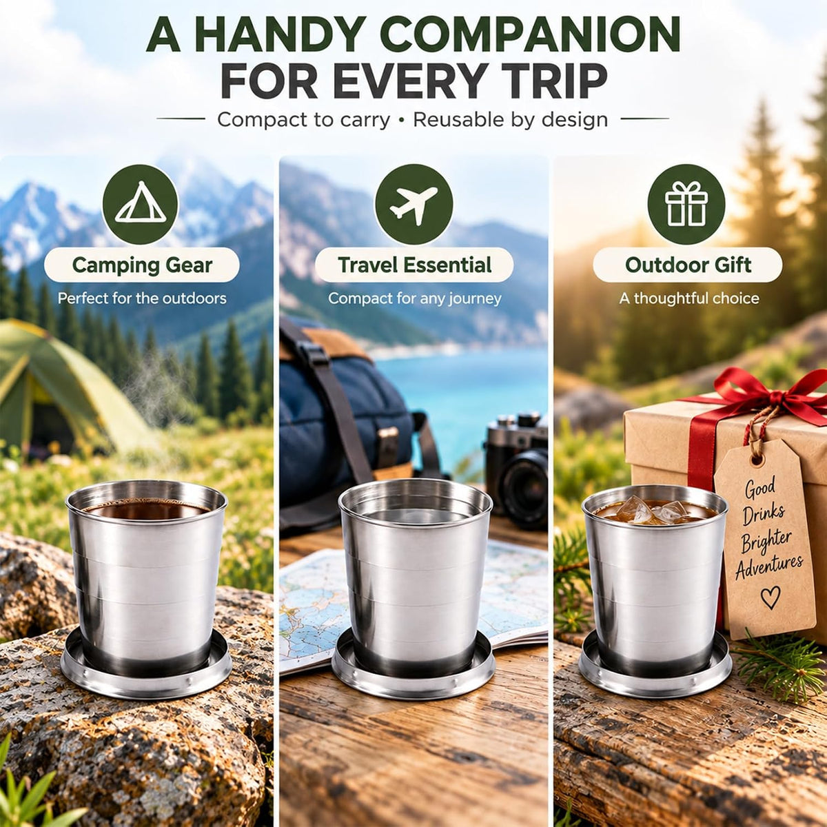 Guyuyii 3 Pcs Stainless Steel Collapsible Cups for Traveling with Keychains
