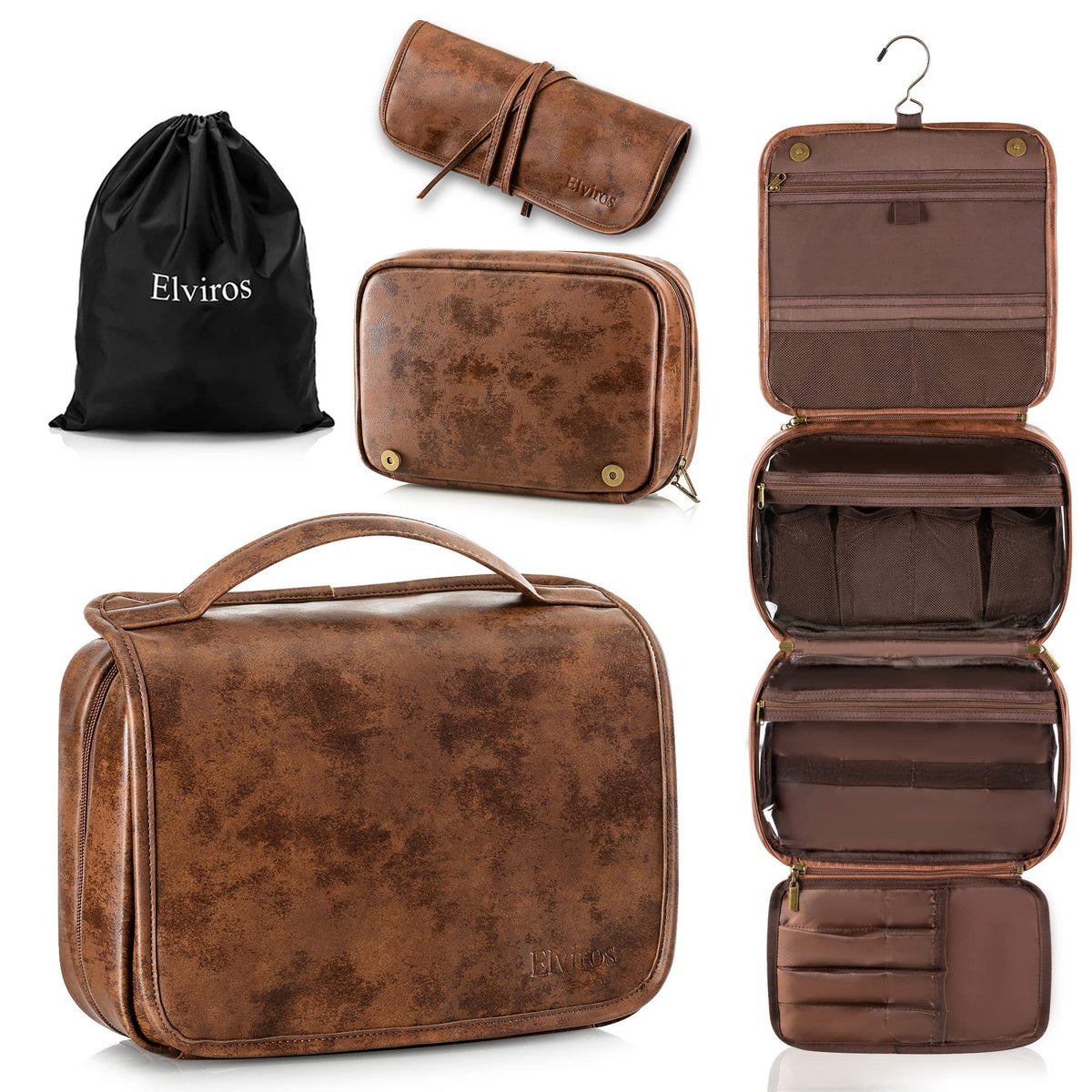 Elviros Hanging Toiletry Bag for Men PU Leather Shaving Dopp Kit (Brown)