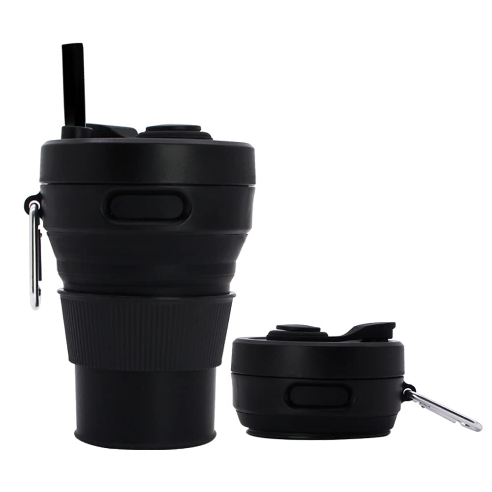Silicone Coffee Mug Collapsible Cups for Camping Folding Travel with Straw Reusable Portable Drinking Cups Outdoor Hiking 450ml (Purple-450ml, 1)