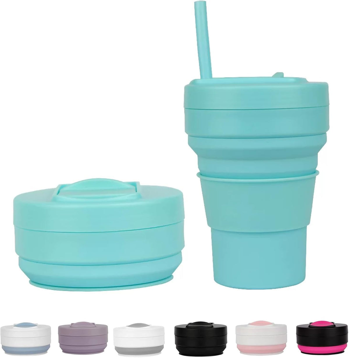 12 OZ Collapsible Travel Cup with Lid,Silicone Foldable Drinking Cup for Camping Hiking,Portable Silicone Water Bottle for Hot and Cold Beverages with Straw- Grey & White(Including Bag)