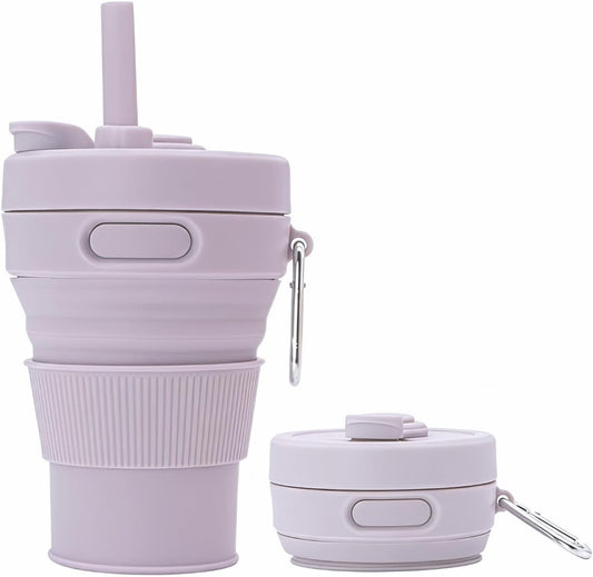 Silicone Coffee Mug Collapsible Cups for Camping Folding Travel with Straw Reusable Portable Drinking Cups Outdoor Hiking 450ml (Purple-450ml, 1)