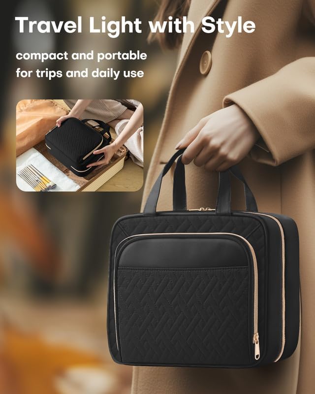 HOTOR Hanging Travel Toiletry Bag Women Men, Black, Medium