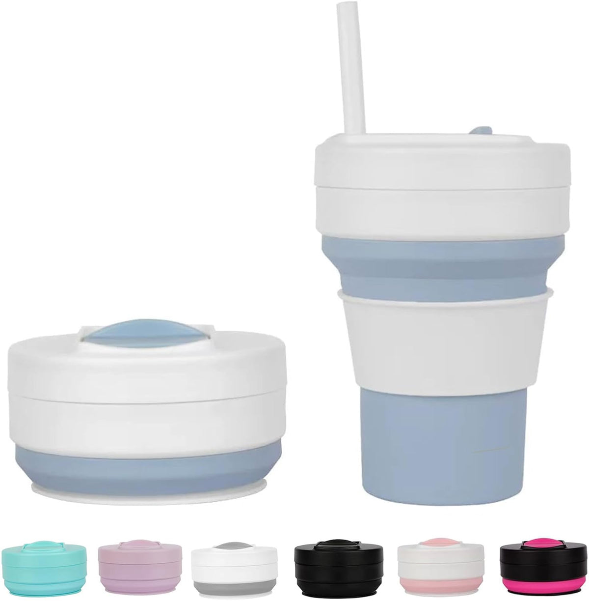 12 OZ Collapsible Travel Cup with Lid,Silicone Foldable Drinking Cup for Camping Hiking,Portable Silicone Water Bottle for Hot and Cold Beverages with Straw- Grey & White(Including Bag)