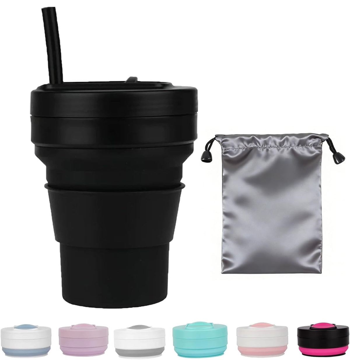 12 OZ Collapsible Travel Cup with Lid,Silicone Foldable Drinking Cup for Camping Hiking,Portable Silicone Water Bottle for Hot and Cold Beverages with Straw- Grey & White(Including Bag)