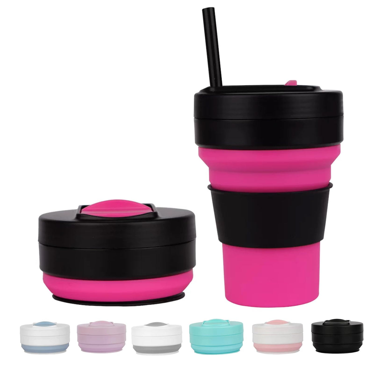 12 OZ Collapsible Travel Cup with Lid,Silicone Foldable Drinking Cup for Camping Hiking,Portable Silicone Water Bottle for Hot and Cold Beverages with Straw- Grey & White(Including Bag)