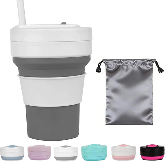 12 OZ Collapsible Travel Cup with Lid,Silicone Foldable Drinking Cup for Camping Hiking,Portable Silicone Water Bottle for Hot and Cold Beverages with Straw- Grey & White(Including Bag)