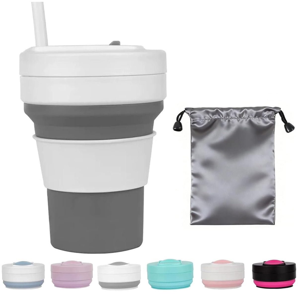 12 OZ Collapsible Travel Cup with Lid,Silicone Foldable Drinking Cup for Camping Hiking,Portable Silicone Water Bottle for Hot and Cold Beverages with Straw- Grey & White(Including Bag)