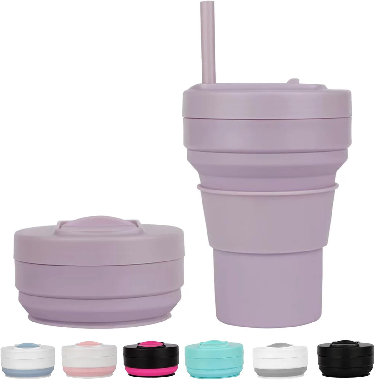 12 OZ Collapsible Travel Cup with Lid,Silicone Foldable Drinking Cup for Camping Hiking,Portable Silicone Water Bottle for Hot and Cold Beverages with Straw- Grey & White(Including Bag)