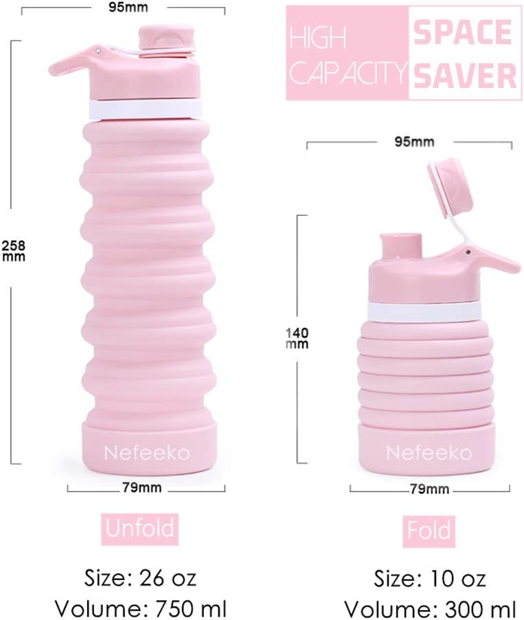 Nefeeko Collapsible Water Bottle, 26oz Silicone Foldable Water Bottles