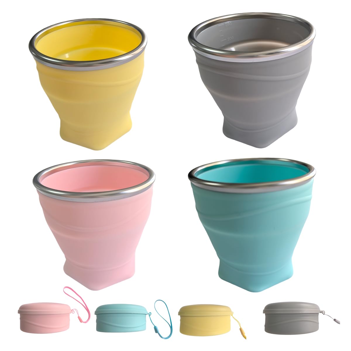 Collapsible Cup, 8.8oz 260ml Foldable Travel Mini Coffee Mug, BPA Free Silicone Water Cup and Lid with Stainless Steel Rim, Portable Pocket Cup for Outdoor, Hiking, Camping & Kids (Gray)