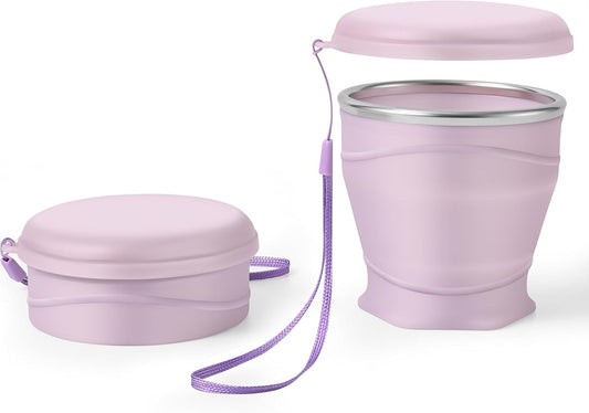 8.8oz/260ml Collapsible Silicone Cup with Lid,BPA-Free,304 Stainless Steel Rim,Portable Cup for Travel,Camping, Hiking,Outdoor Sports (Light Purple)