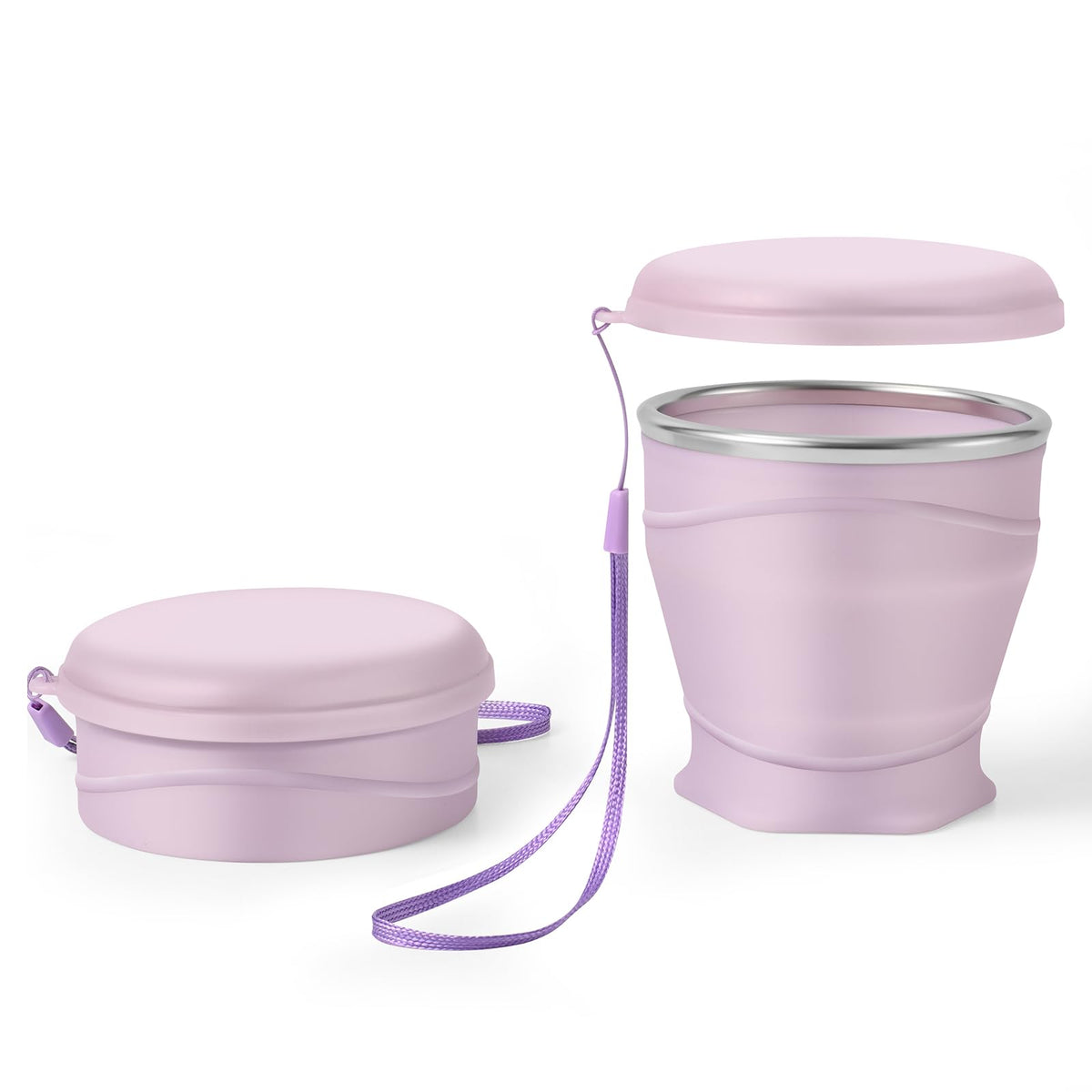 8.8oz/260ml Collapsible Silicone Cup with Lid,BPA-Free,304 Stainless Steel Rim,Portable Cup for Travel,Camping, Hiking,Outdoor Sports (Light Purple)