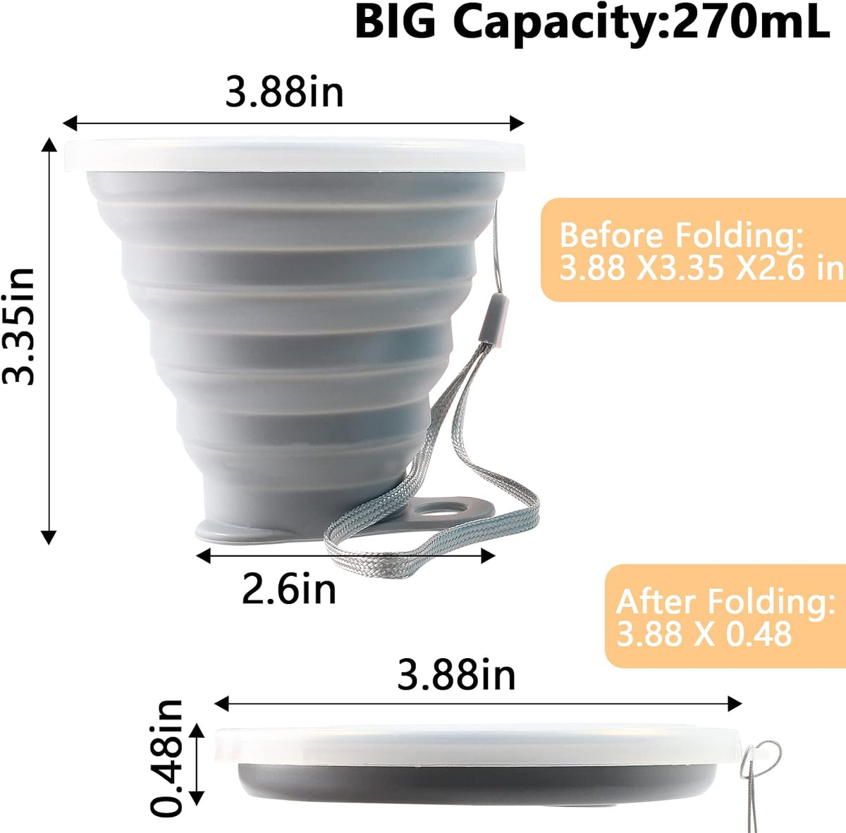 Litoexpe 2 Pack Silica gel Collapsible Travel Cup 270ml, Grey & Blue