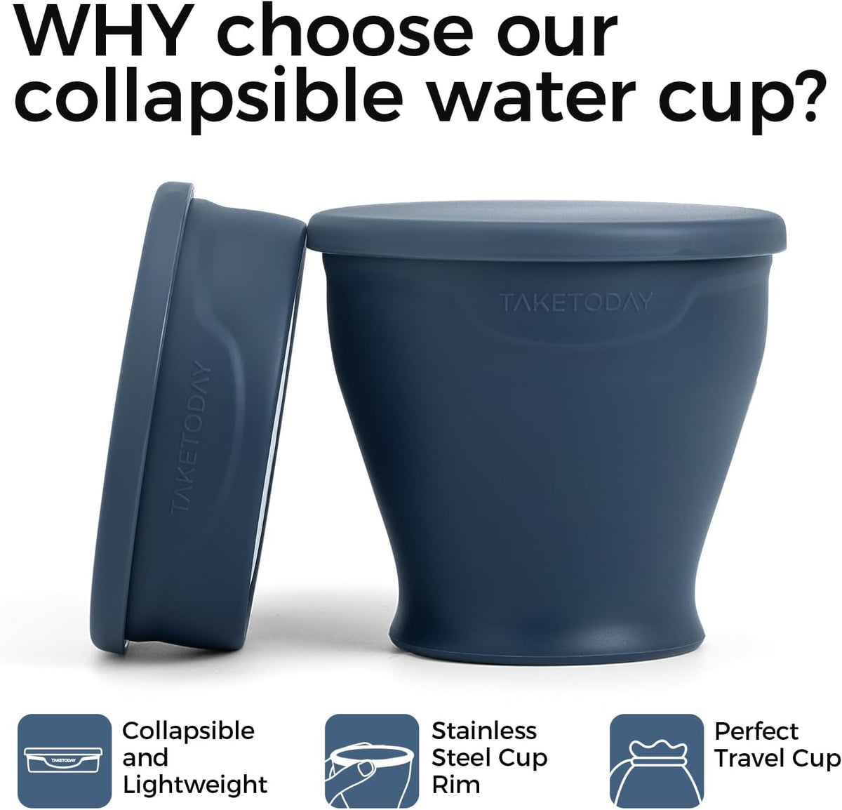 TakeToday Collapsible Cup 8 oz, Foldable with Lid for Travel, Navy