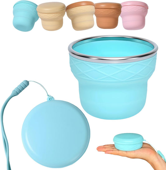 Collapsible Travel Cup 7oz Silicone Foldable Water Cup, Cute Ice Cream Cone Shape, Macaron Colors, BPA-Free with Lid - Portable Drinking Cup for Camping, Hiking & Outdoor Travel (Blue)