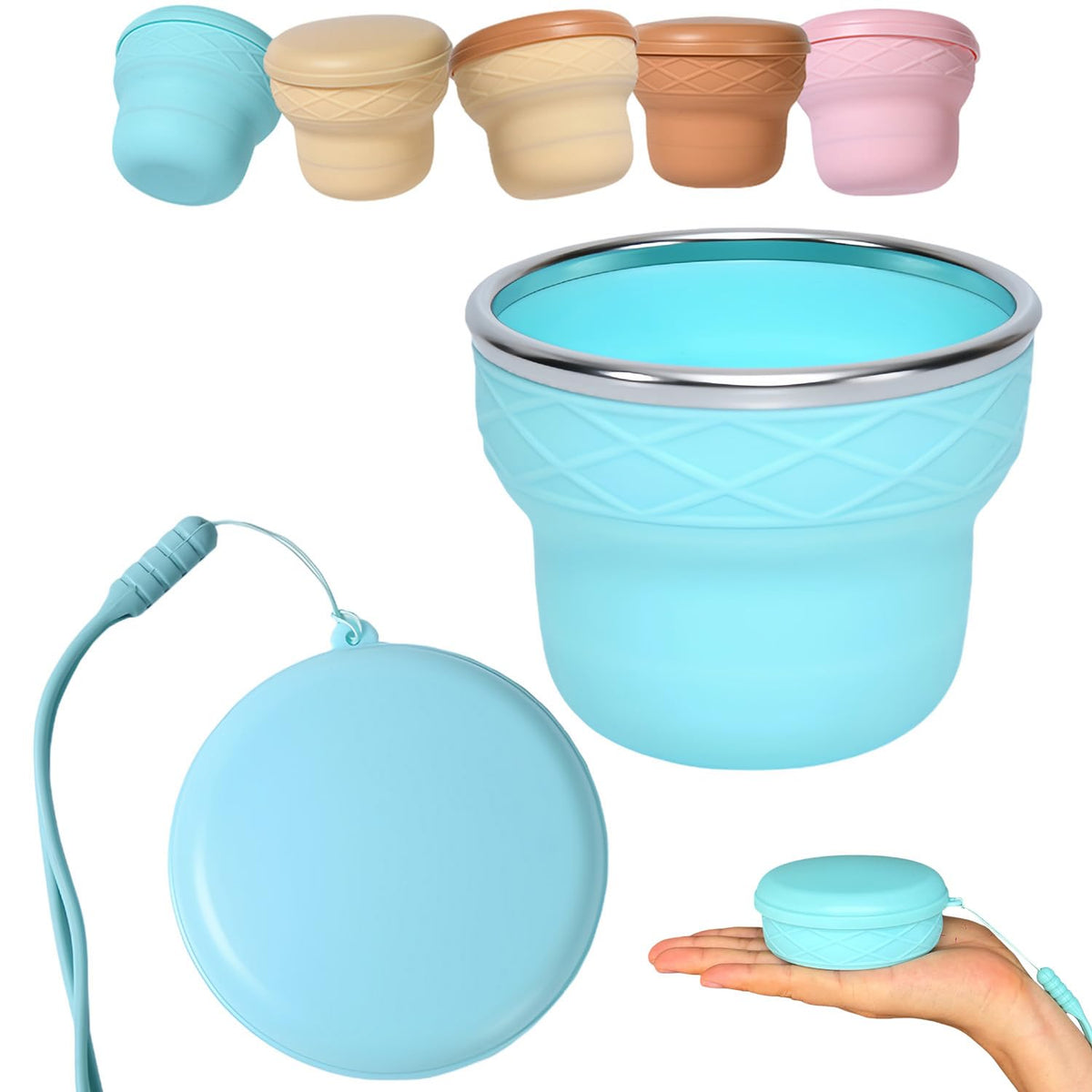 Collapsible Travel Cup 7oz Silicone Foldable Water Cup, Cute Ice Cream Cone Shape, Macaron Colors, BPA-Free with Lid - Portable Drinking Cup for Camping, Hiking & Outdoor Travel (Blue)