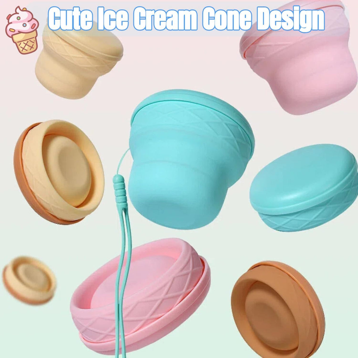 Collapsible Travel Cup 7oz Silicone Foldable Water Cup, Cute Ice Cream Cone Shape, Macaron Colors, BPA-Free with Lid - Portable Drinking Cup for Camping, Hiking & Outdoor Travel (Blue)