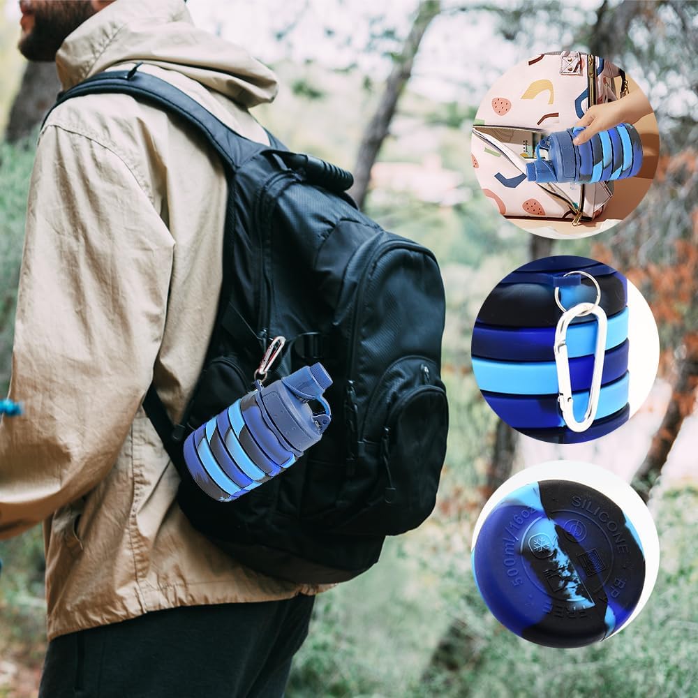 Silicone Collapsible Water Bottles, 16oz(500ml) Portable Foldable Expandable Water Bottle Sports Cups, Leak Proof Reusable BPA Free, for Outdoor Activities (Blue-A)