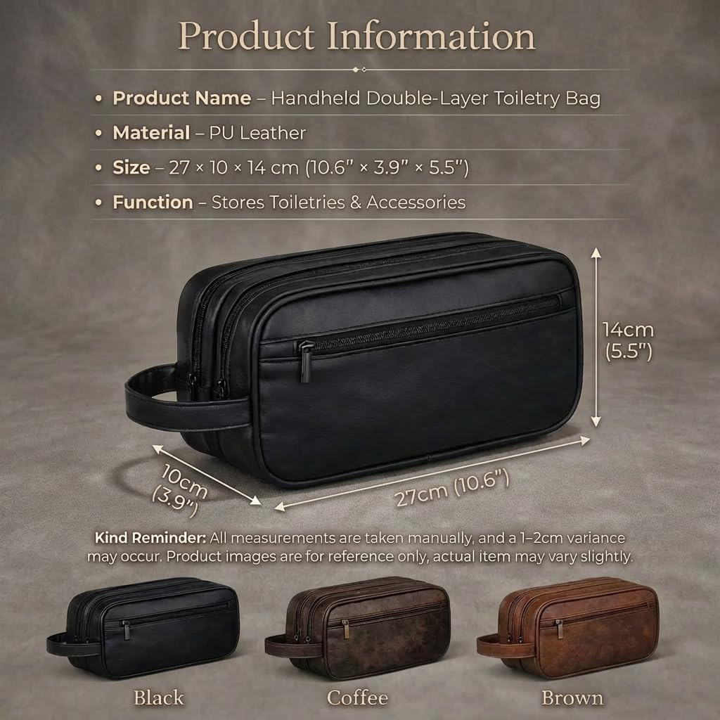 Men’s Toiletry Bag Travel Dopp Kit – double-deck Leather Water-Resistant Shaving Organizer Large Capacity, Double Compartments & Inner Pockets for Grooming, Bathroom & Gym Trip Toiletry Case(Black)