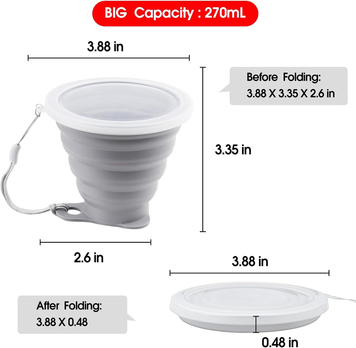 Nanaborn Silicone Collapsible Cups for Camping Travel, Small Portable Drinking Cup with Lids Reusable for Outdoor Hiking 270ml (Blue/Gray, 2 Pack)