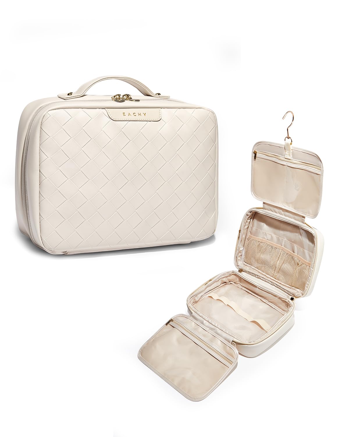 EACHY Toiletry Bag with Hanging Hook, Travel Makeup Bag PU Leather Cosmetic Bags for Women Make Up Organizer with 4 Compartments Waterproof Full-Size Portable Travel Essentials (Beige)