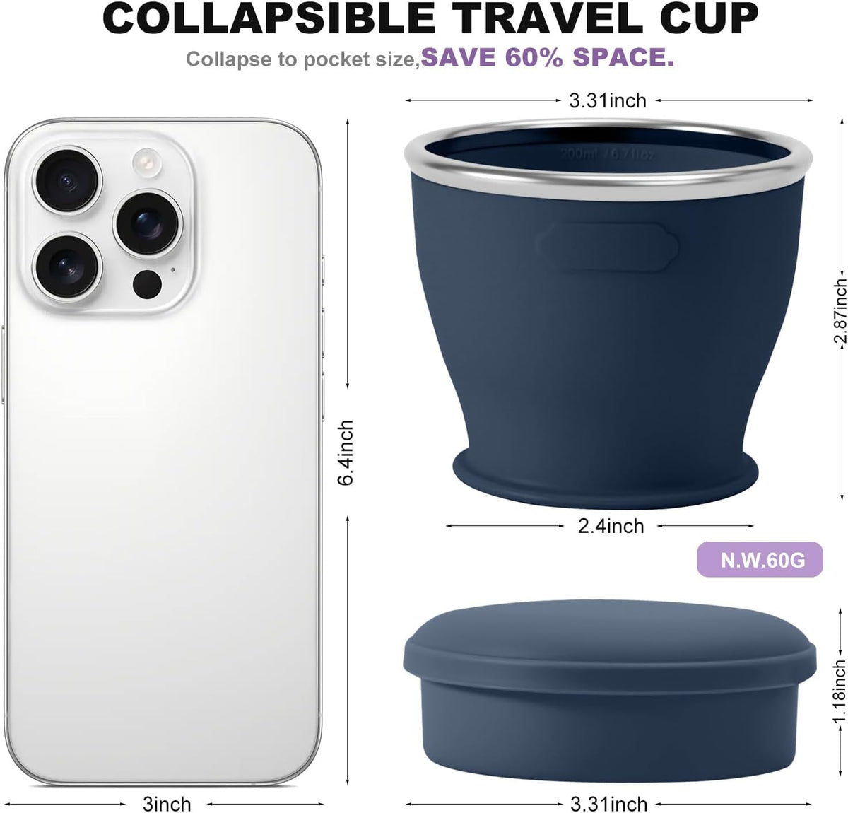 Collapsible Travel Cup, Foldable Water Cup with Lid, for Travel