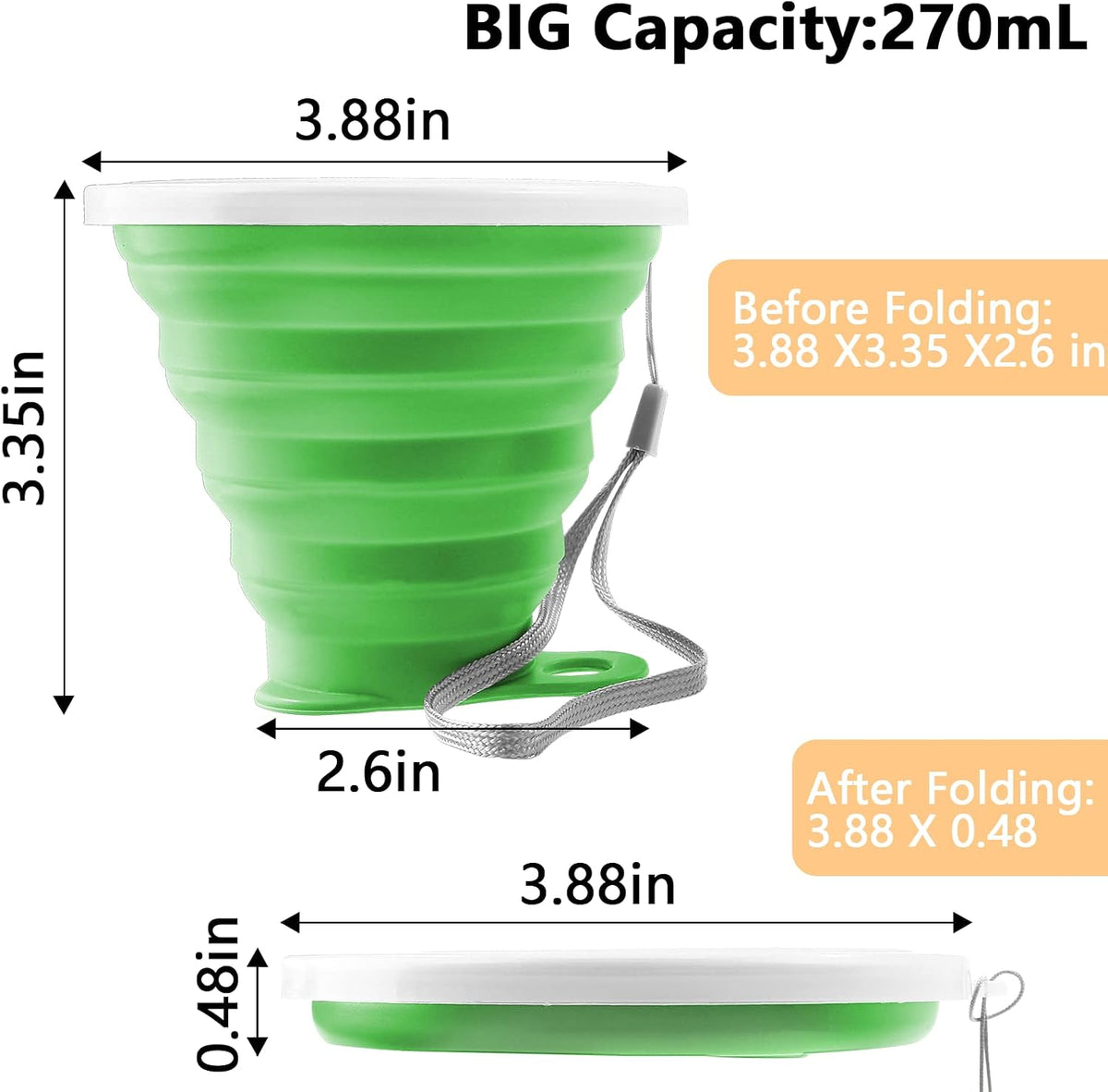 Litoexpe 2 Pack Silica gel Collapsible Travel Cup 270ml, Grey & Green
