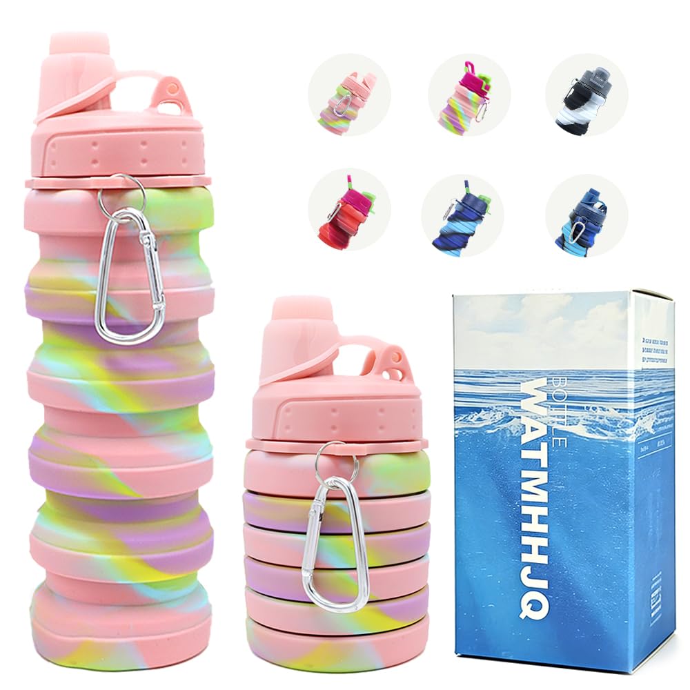 Silicone Collapsible Water Bottles, 16oz(500ml) Portable Foldable Expandable Water Bottle Sports Cups, Leak Proof Reusable BPA Free, for Outdoor Activities (Blue-A)