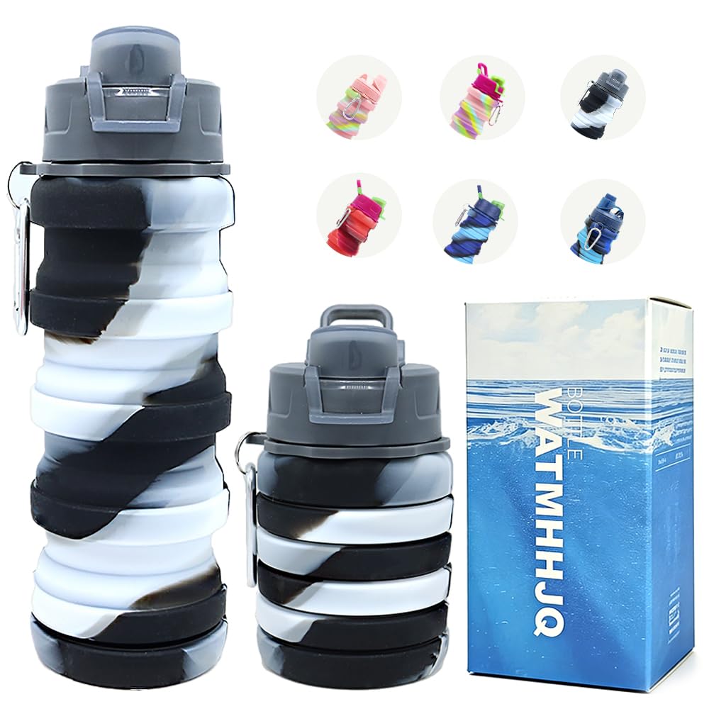 Silicone Collapsible Water Bottles, 16oz(500ml) Portable Foldable Expandable Water Bottle Sports Cups, Leak Proof Reusable BPA Free, for Outdoor Activities (Blue-A)