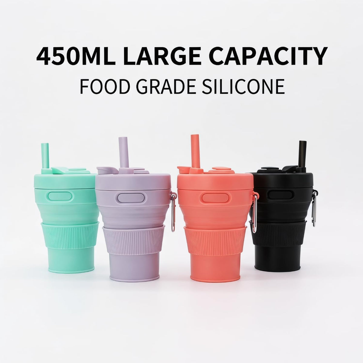 Silicone Coffee Mug Collapsible Cups for Camping Folding Travel with Straw Reusable Portable Drinking Cups Outdoor Hiking 450ml (Purple-450ml, 1)
