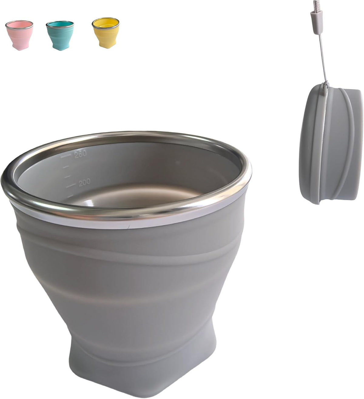 Collapsible Cup, 8.8oz 260ml Foldable Travel Mini Coffee Mug, BPA Free Silicone Water Cup and Lid with Stainless Steel Rim, Portable Pocket Cup for Outdoor, Hiking, Camping & Kids (Gray)