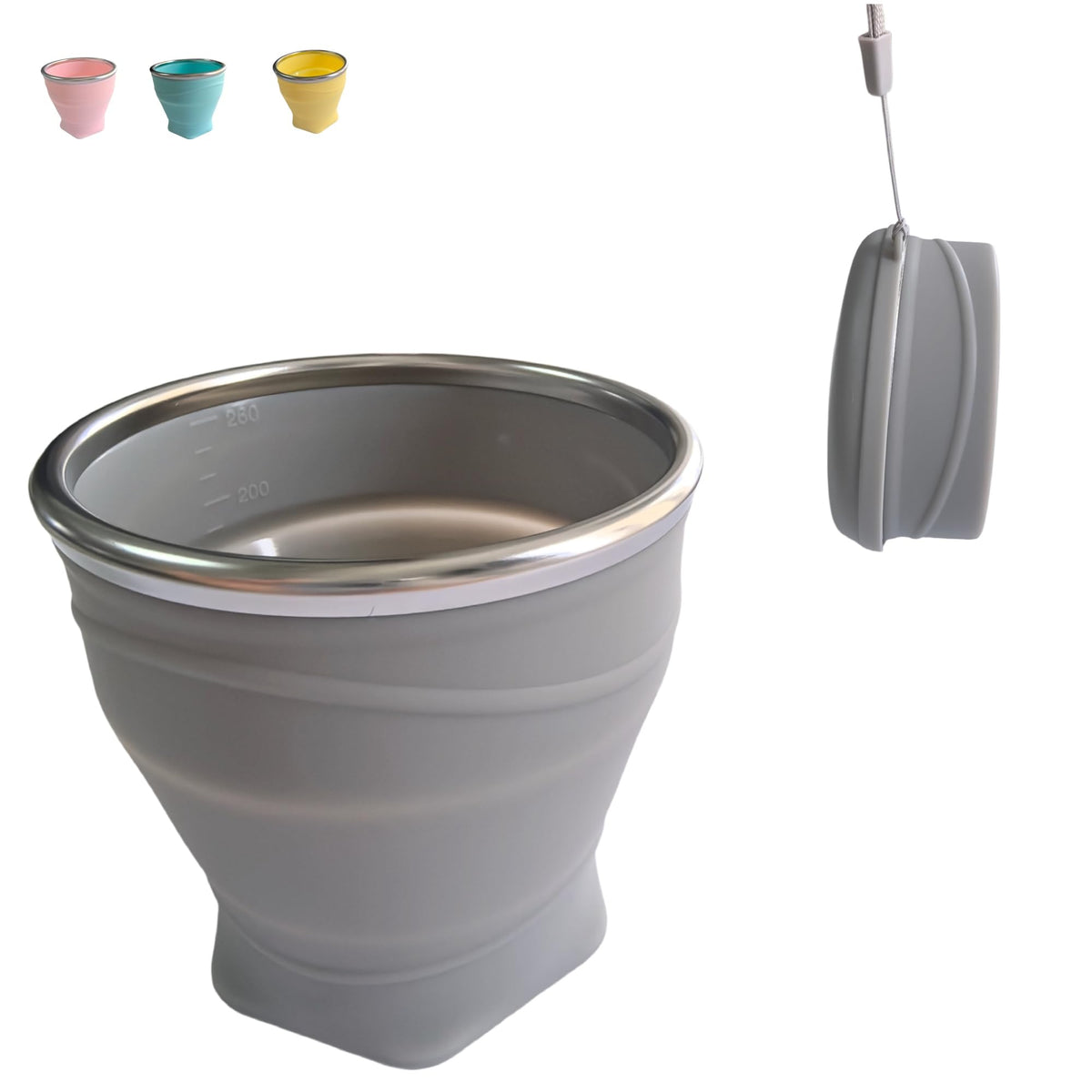 Collapsible Cup, 8.8oz 260ml Foldable Travel Mini Coffee Mug, BPA Free Silicone Water Cup and Lid with Stainless Steel Rim, Portable Pocket Cup for Outdoor, Hiking, Camping & Kids (Gray)