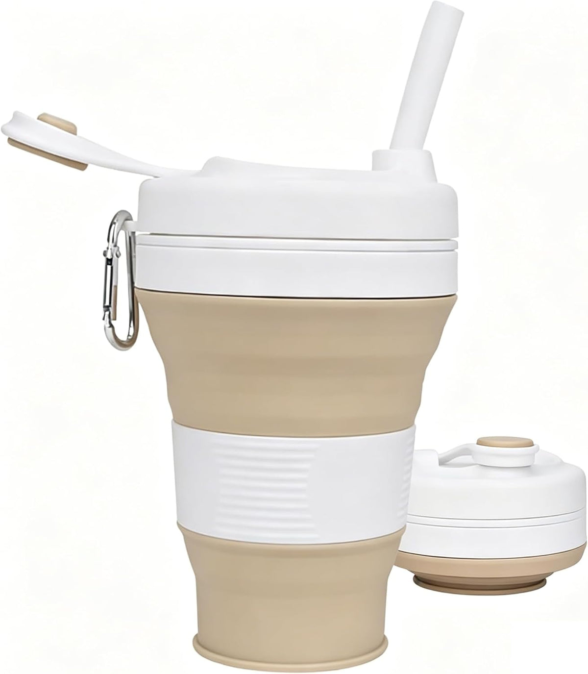 IYYI Collapsible Travel Cup, Silicone Coffee Cup with Lid, 20.3 oz Travel Coffee Mug with Straw, Folding Cup for Hiking Camping Office - Dishwasher Safe (Khaki)