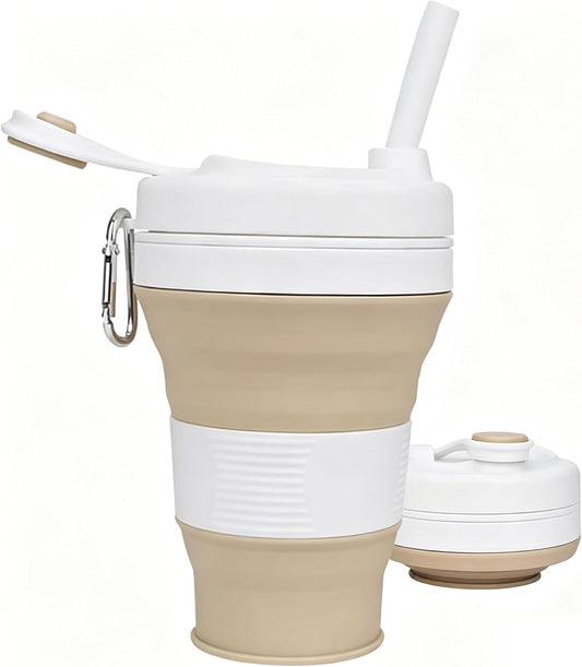 IYYI Collapsible Travel Cup, Silicone Coffee Cup with Lid, 20.3 oz Travel Coffee Mug with Straw, Folding Cup for Hiking Camping Office - Dishwasher Safe (Khaki)