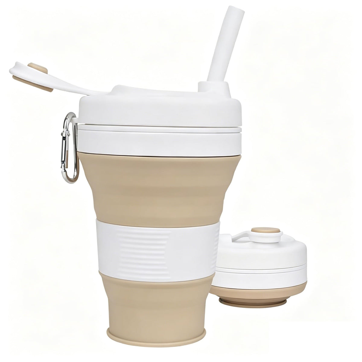 IYYI Collapsible Travel Cup, Silicone Coffee Cup with Lid, 20.3 oz Travel Coffee Mug with Straw, Folding Cup for Hiking Camping Office - Dishwasher Safe (Khaki)