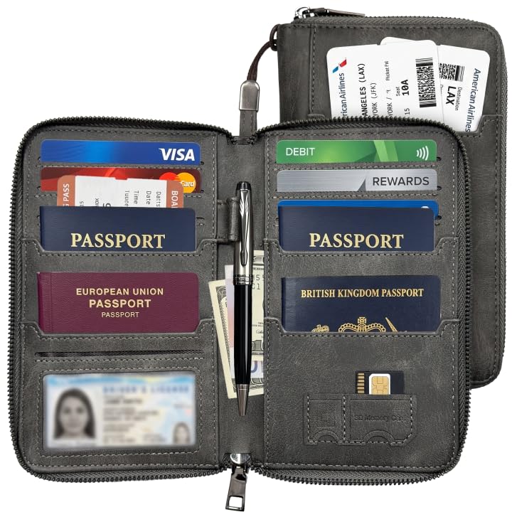 Family Passport Holder for Travel, RFID Blocking Passport Wallet for 4