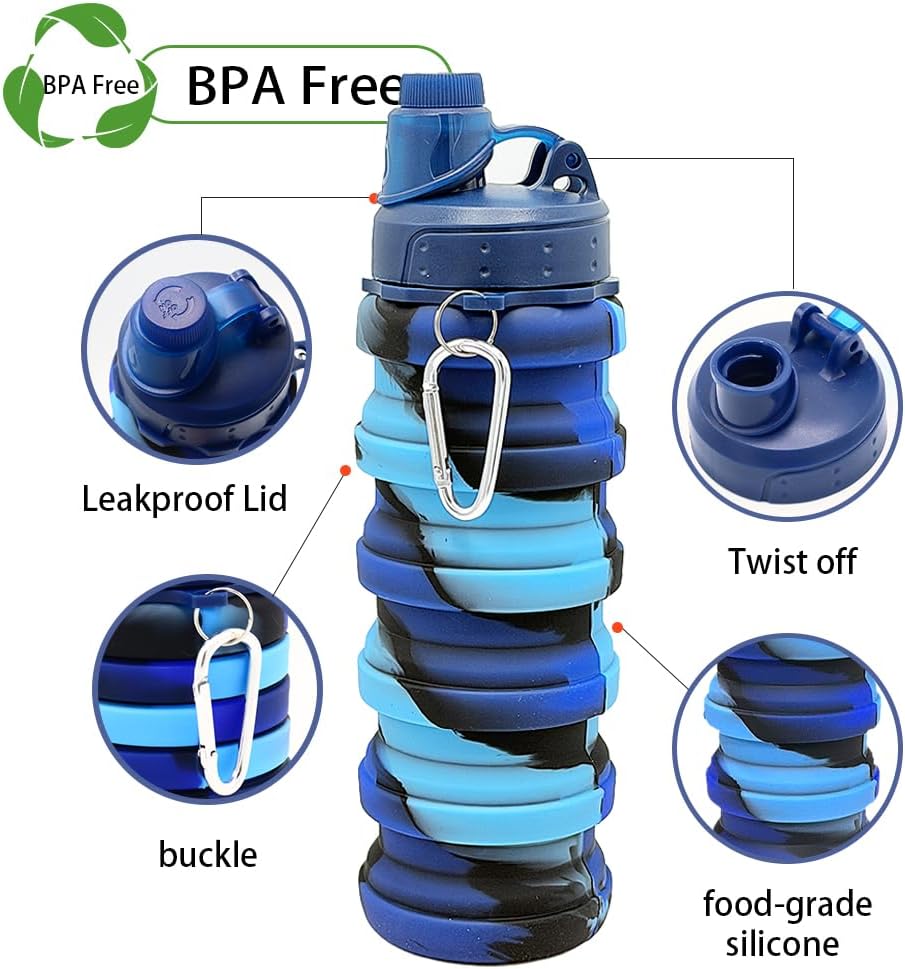 Silicone Collapsible Water Bottles, 16oz(500ml) Portable Foldable Expandable Water Bottle Sports Cups, Leak Proof Reusable BPA Free, for Outdoor Activities (Blue-A)